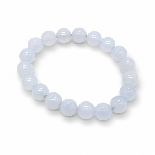 Blue Chalcedony bracelet Style B with warm grey-blue 10mm beads showing soft waxy sheen
