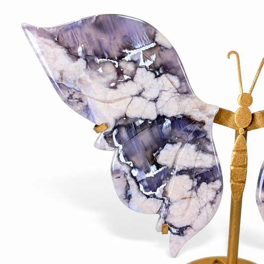 Hand-carved sapphire agate butterfly wings with white floral inclusions