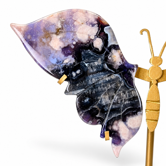 Hand-carved twilight agate butterfly wings with white floral inclusions