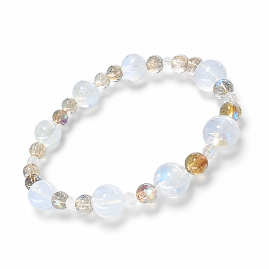 Close-up of Indian Moonstone beads showing signature silvery-blue lunar sheen