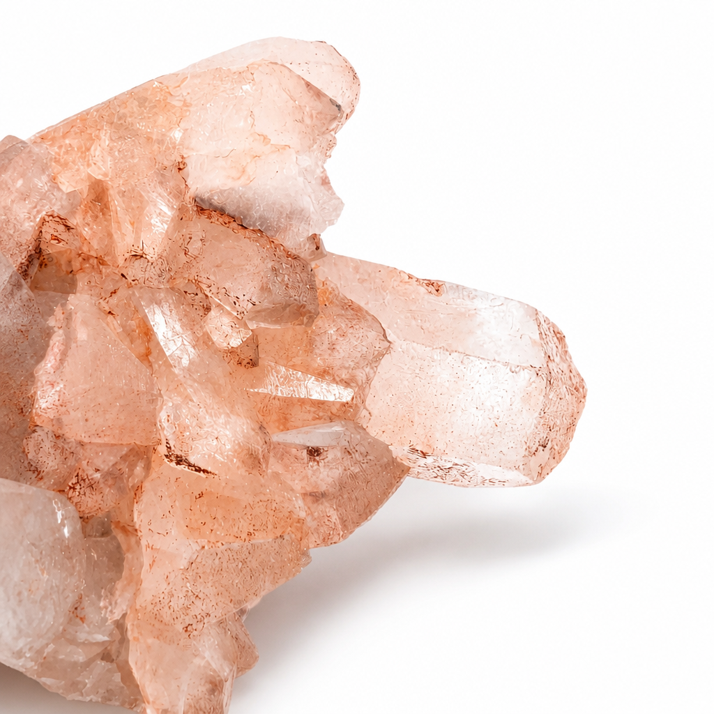 Hand-mined Himalayan mini Samadhi Quartz cluster specimen on a white surface