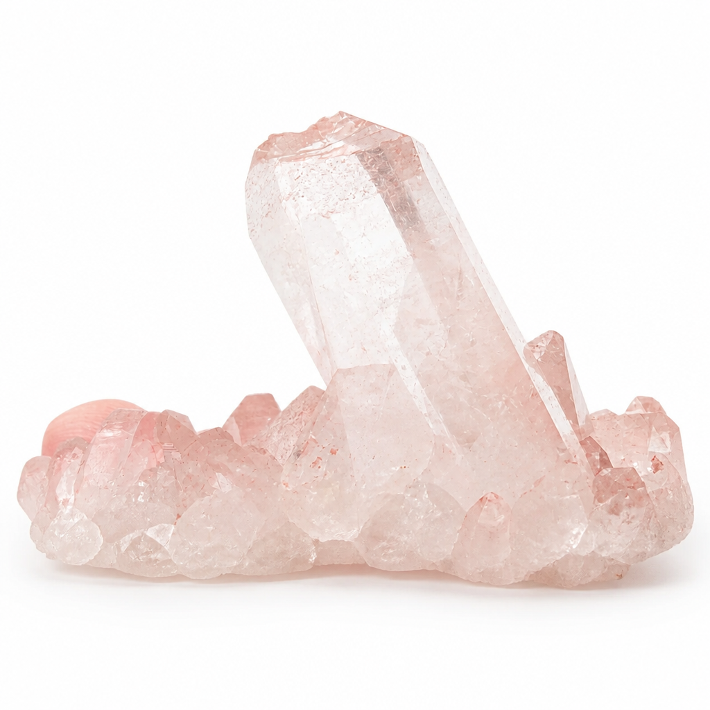 Hand-mined Himalayan compact Samadhi Quartz cluster specimen on a white surface