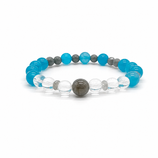 Close-up of turquoise-green Amazonite beads with pale veining alongside deep forest jade