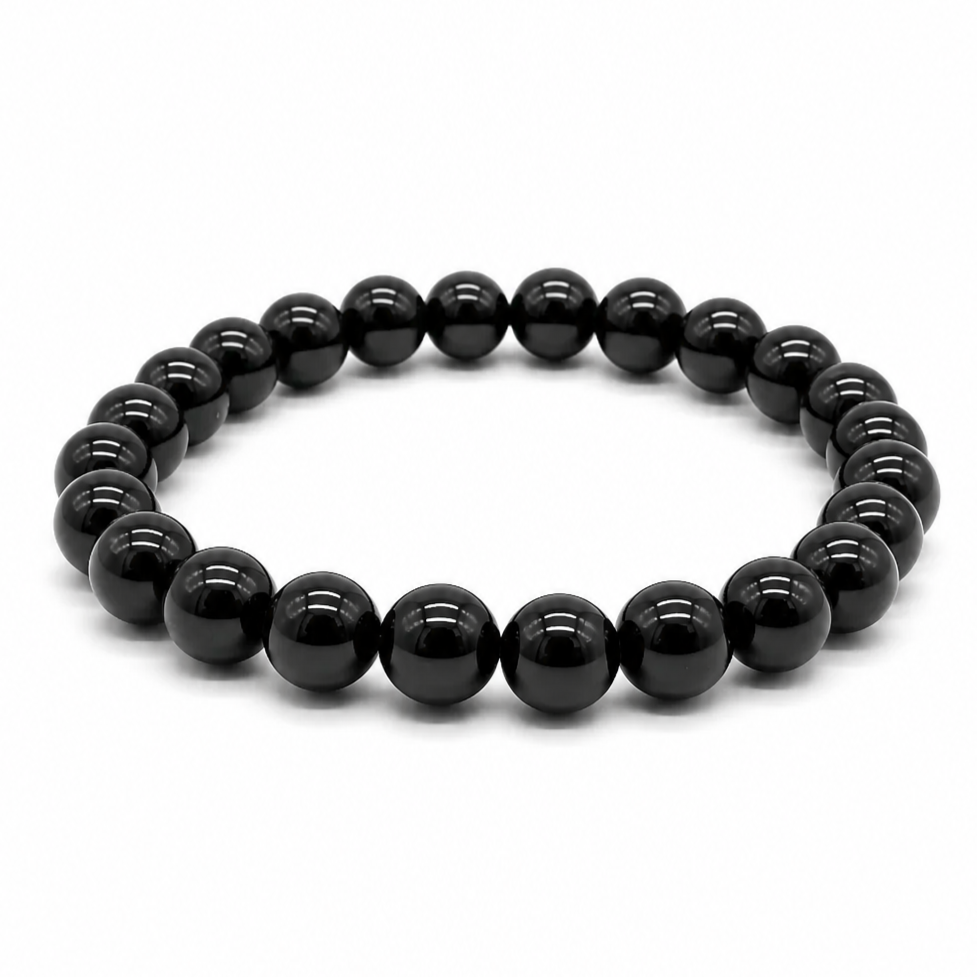 Handmade hypersthene crystal bracelet, deep black-grey beads with silvery sheen, on white background