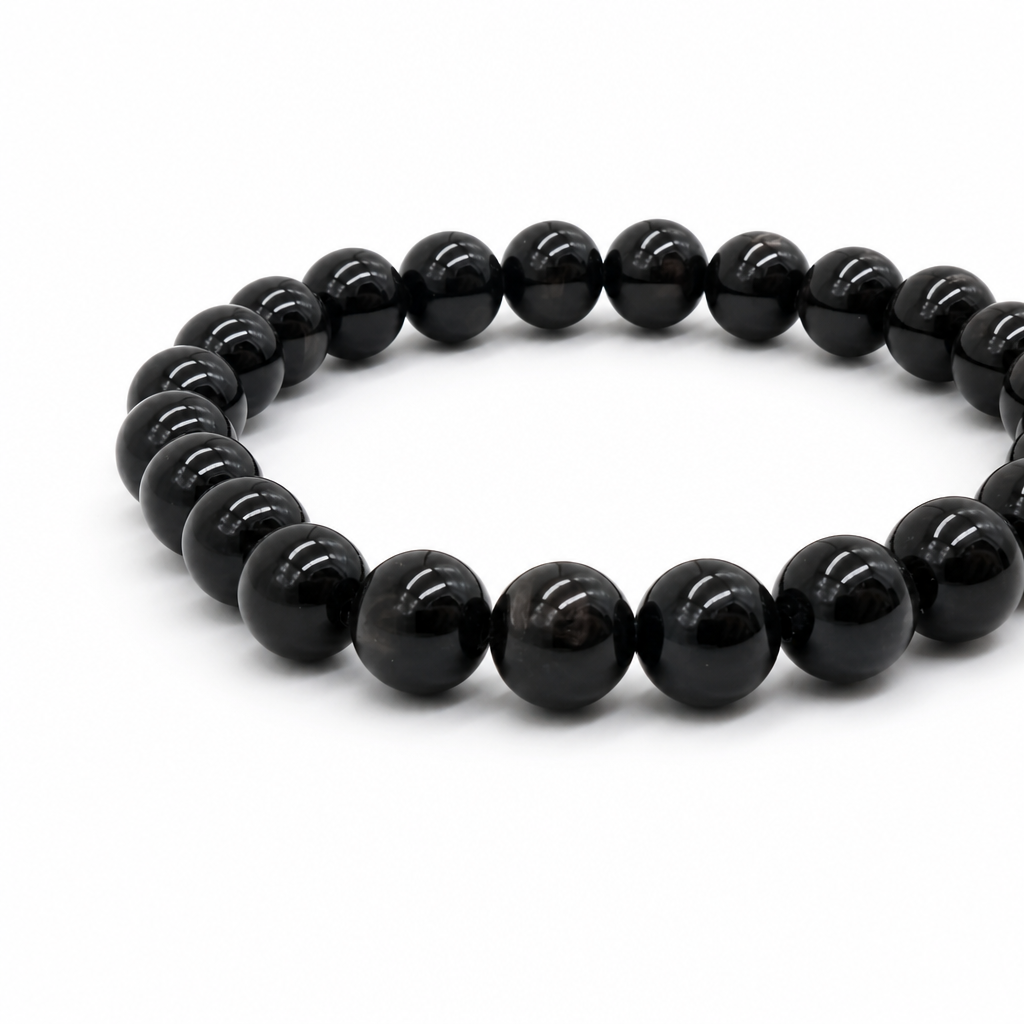 Hypersthene bracelet showing round beads and high-elastic cord, Aura Lune