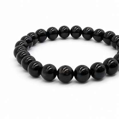 Hypersthene bracelet showing round beads and high-elastic cord, Aura Lune