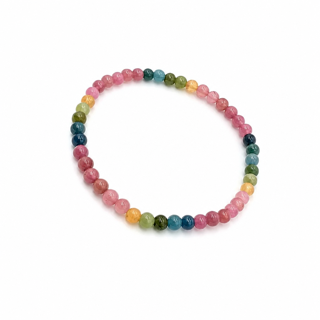 Multi-colour rainbow tourmaline beaded bracelet arranged in a circle