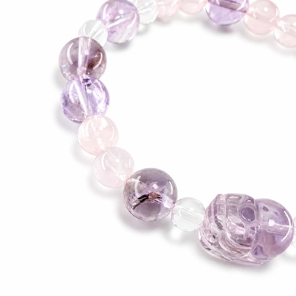 Pure-stone Pixiu bracelet with Rose Quartz beads, top view