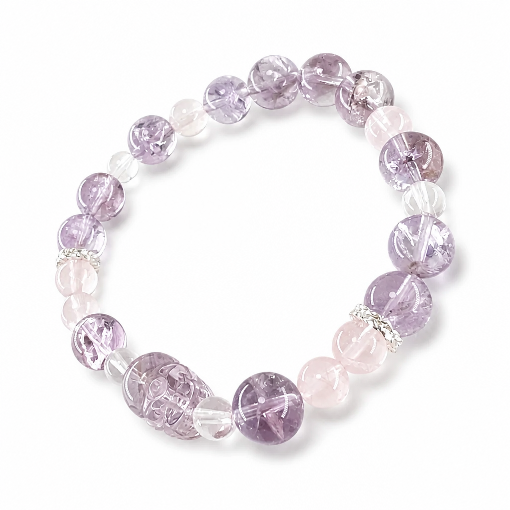 Blush Rose Quartz beads with silver-toned accents, detail view