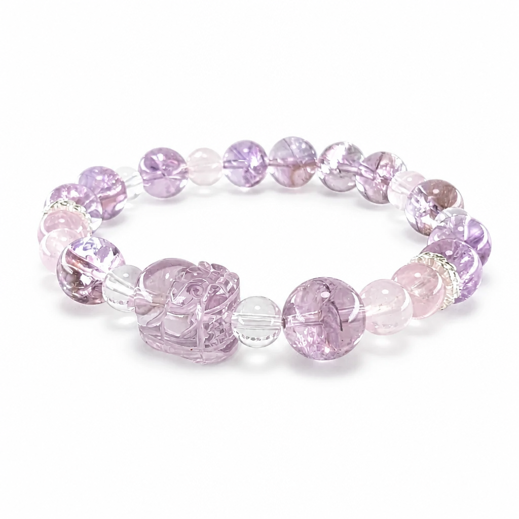Amethyst Pixiu and Rose Quartz Prosperity Guardian bracelet on white