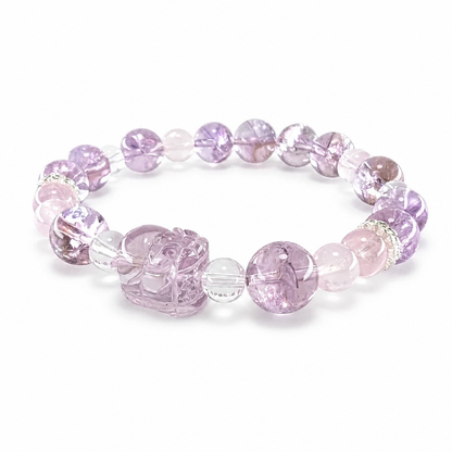 Amethyst Pixiu and Rose Quartz Prosperity Guardian bracelet on white