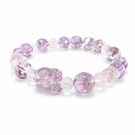Amethyst Pixiu and Rose Quartz Prosperity Guardian bracelet on white