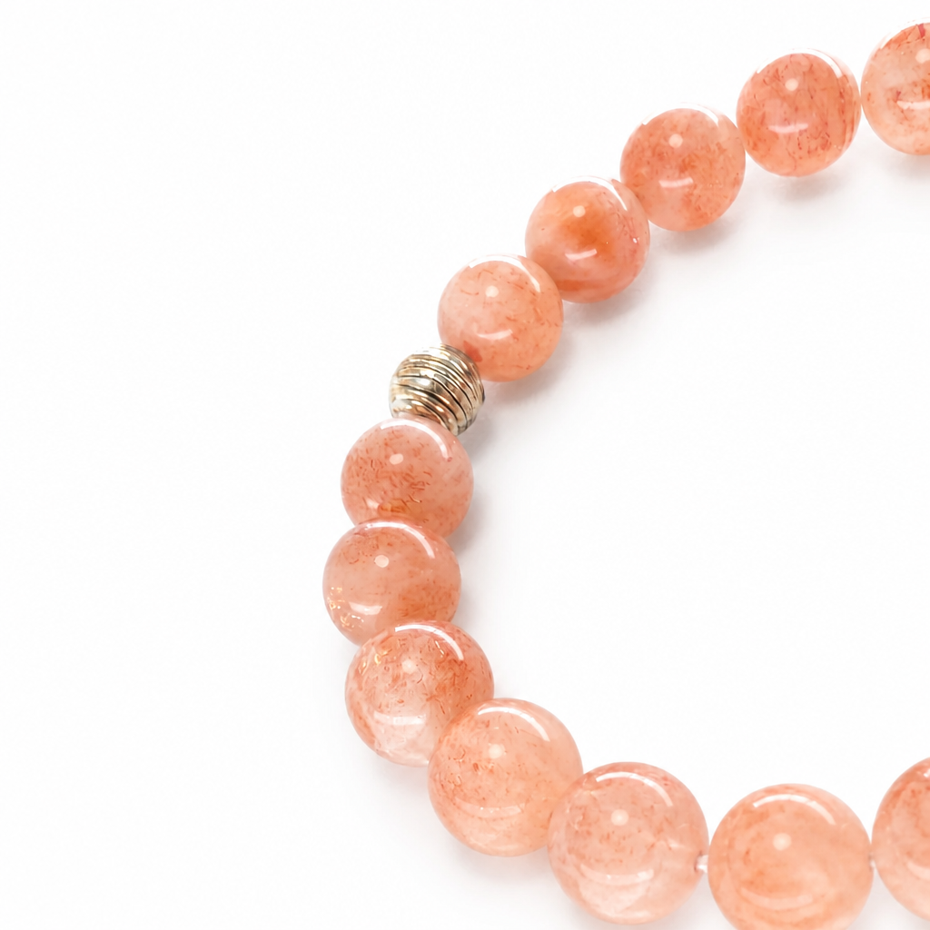Side view of Sunstone and Flower Agate beaded bracelet