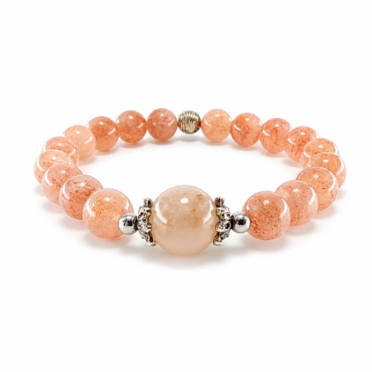Radiant Bloom Sunstone and Flower Agate bracelet laid flat on white
