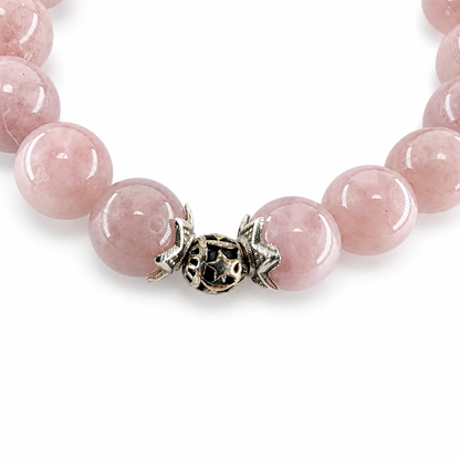 Purple Rose Quartz designer bracelet shown on model's wrist