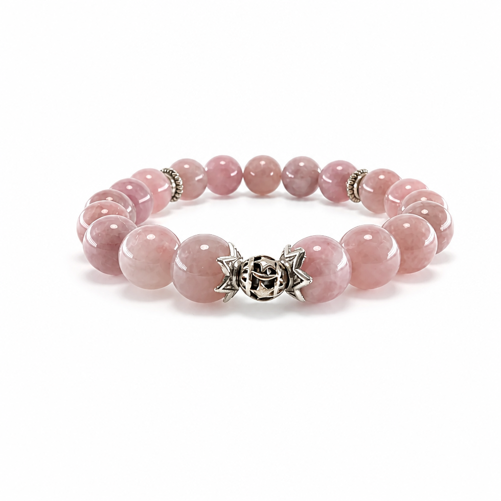 Lavender Heart Purple Rose Quartz bracelet with silver filigree on white