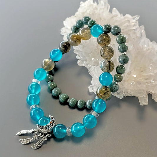 Moonlit Oasis | Amazonite, Jade & Celestial Silver Dreamcatcher Bracelet