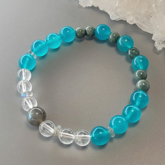 AuraLuneCrystal Verdant Voyager bracelet featuring bright teal Amazonite, dark moss-green Jade, and a grey Labradorite bead with blue fire.
