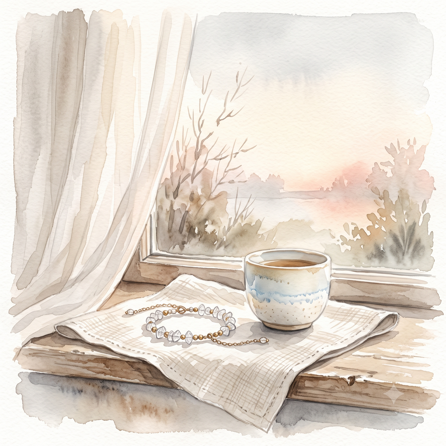Handmade crystal bracelet and ceramic cup in soft morning light — AuraLune Crystal