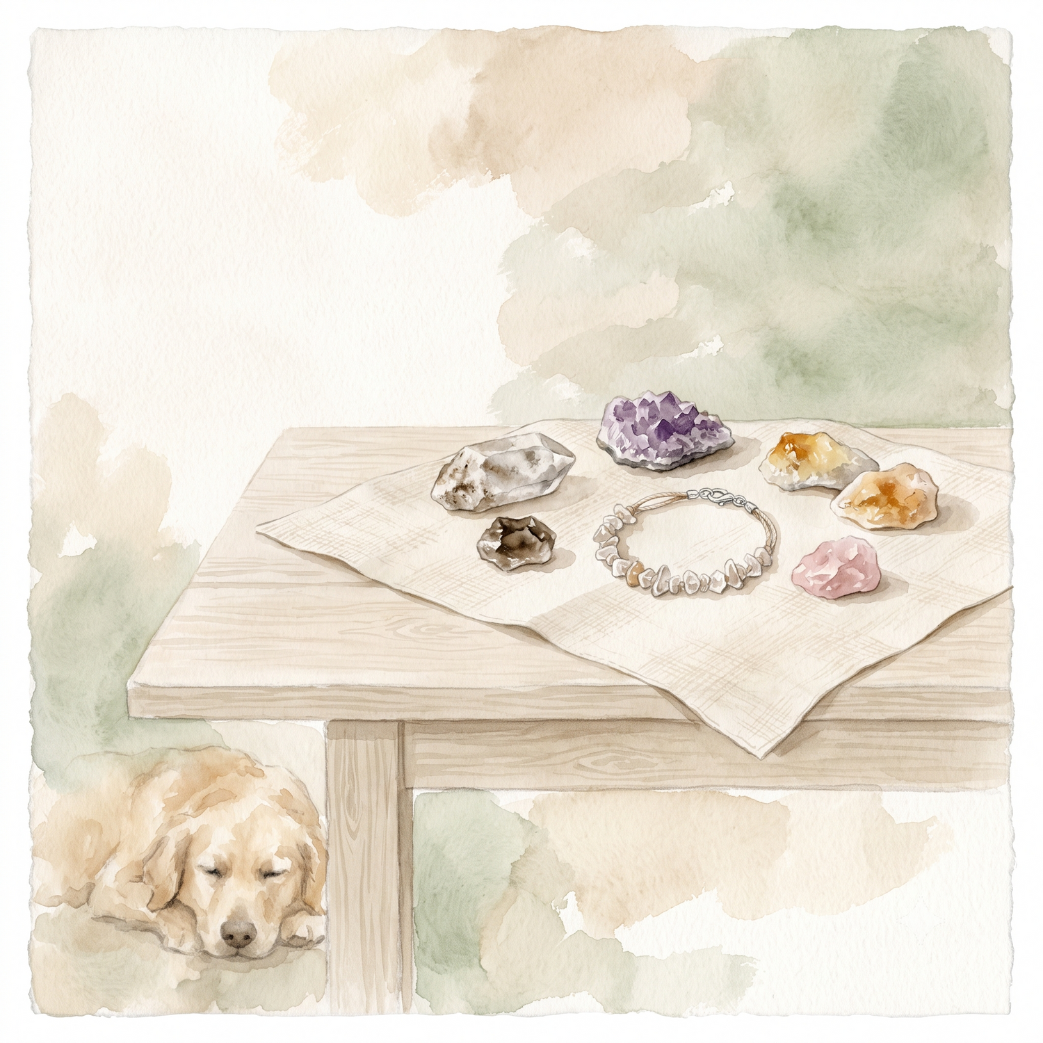 Raw natural crystals and a handmade bracelet on linen, with a gentle dog nearby — AuraLune Crystal