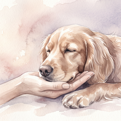 Gentle watercolour scene of a quiet resting place by a sunlit window, evoking a beloved companion — AuraLune Crystal Animal Communication service.