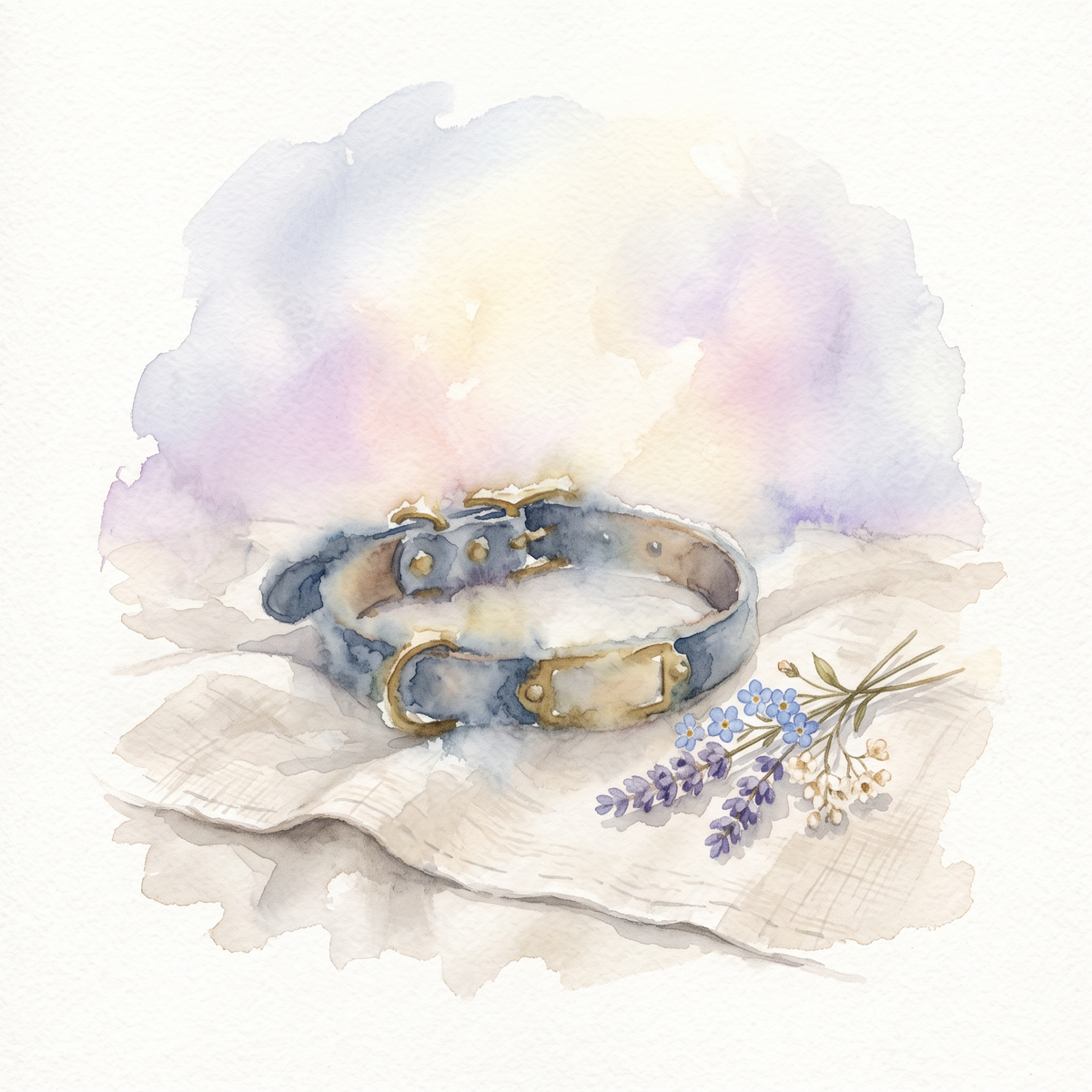 Tender watercolour illustration of a hand resting over an animal's paw, a moment of gentle companionship — AuraLune Crystal Animal Communication.