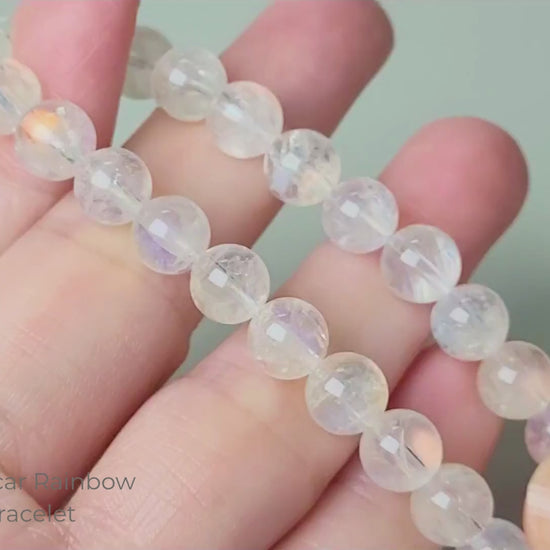 High grade Madagascar rainbow moonstone bracelet with premium 7-8mm polished round beads showing strong blue labradorescence flash