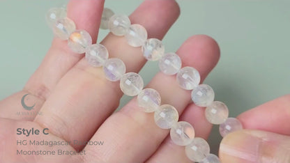 High grade Madagascar rainbow moonstone bracelet with premium 7-8mm polished round beads showing strong blue labradorescence flash