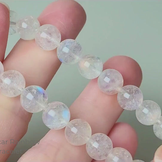 High grade Madagascar rainbow moonstone bracelet with premium 7-8mm polished round beads showing strong blue labradorescence flash