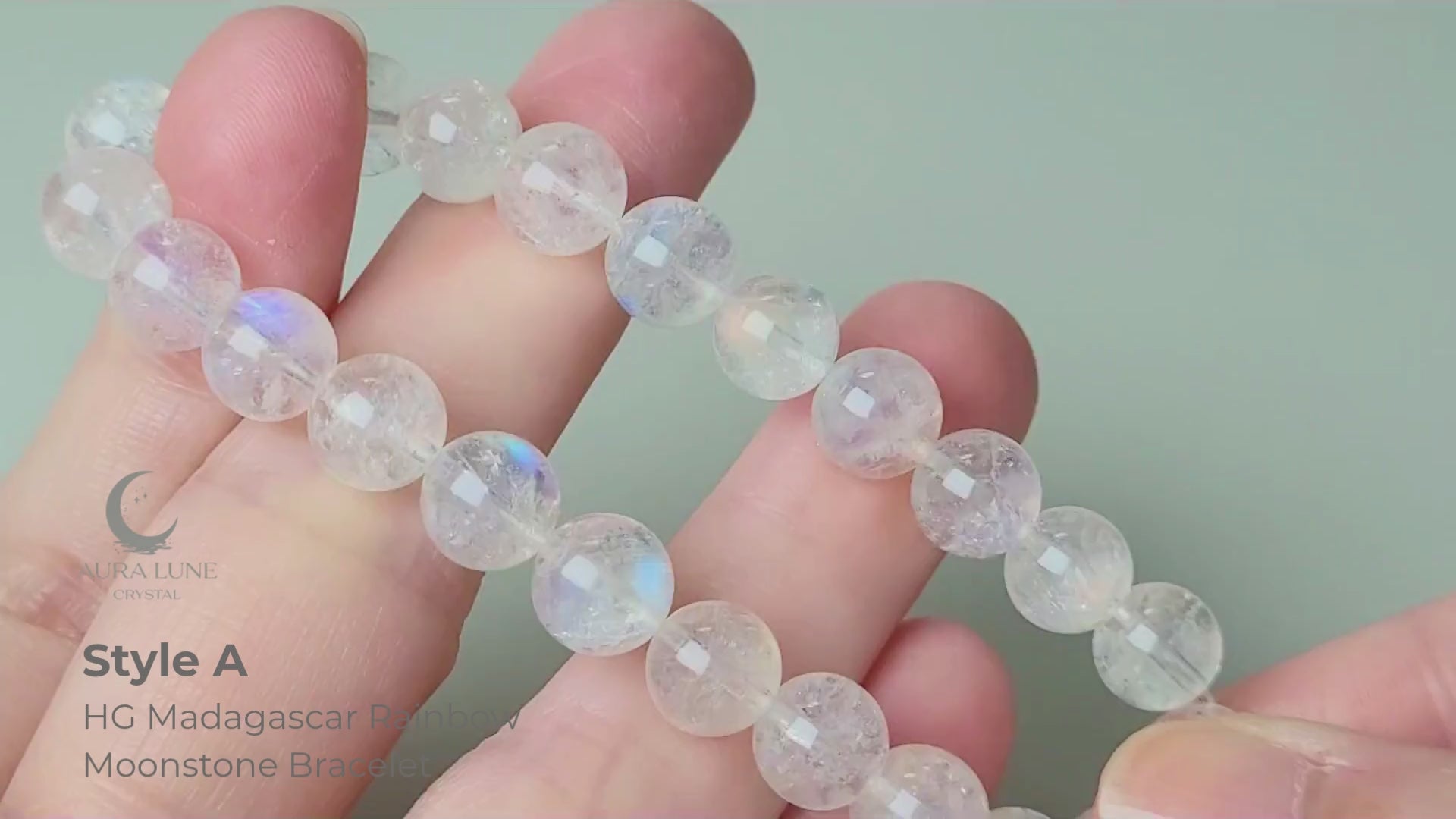 High grade Madagascar rainbow moonstone bracelet with premium 7-8mm polished round beads showing strong blue labradorescence flash