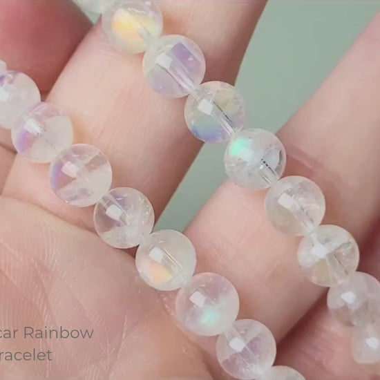 High grade Madagascar rainbow moonstone bracelet with premium 7-8mm polished round beads showing strong blue labradorescence flash