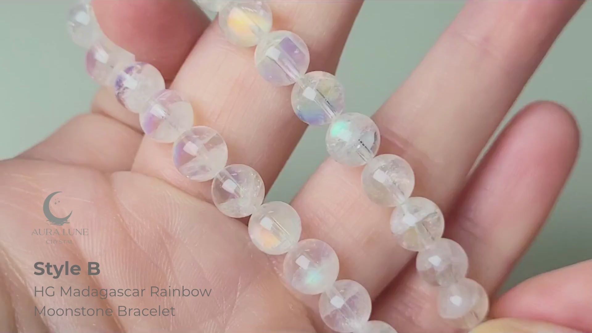 High grade Madagascar rainbow moonstone bracelet with premium 7-8mm polished round beads showing strong blue labradorescence flash