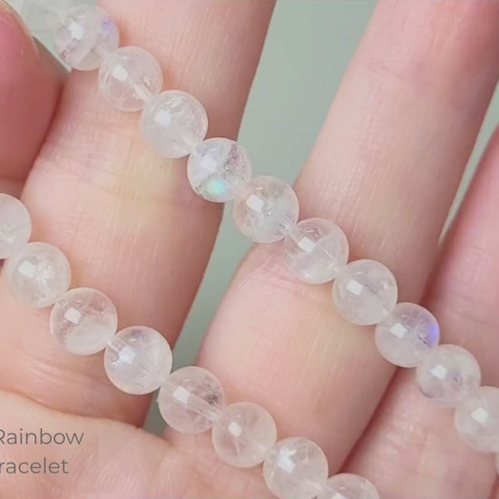 Madagascar Rainbow Moonstone Bracelet close-up video — adularescence shimmer captured in motion, AruaLune Crystal natural gemstone bracelet