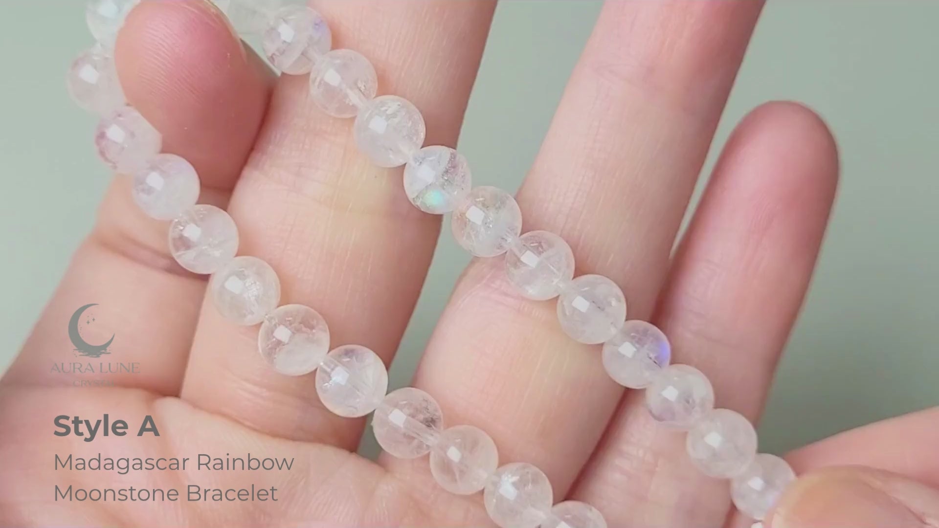 Madagascar Rainbow Moonstone Bracelet close-up video — adularescence shimmer captured in motion, AruaLune Crystal natural gemstone bracelet