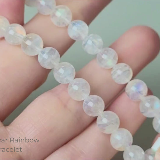 High grade Madagascar rainbow moonstone bracelet with premium 7-8mm polished round beads showing strong blue labradorescence flash