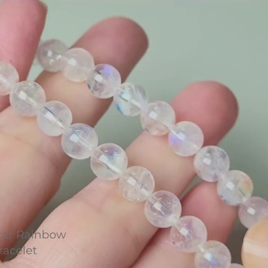High grade Madagascar rainbow moonstone bracelet with premium 7-8mm polished round beads showing strong blue labradorescence flash
