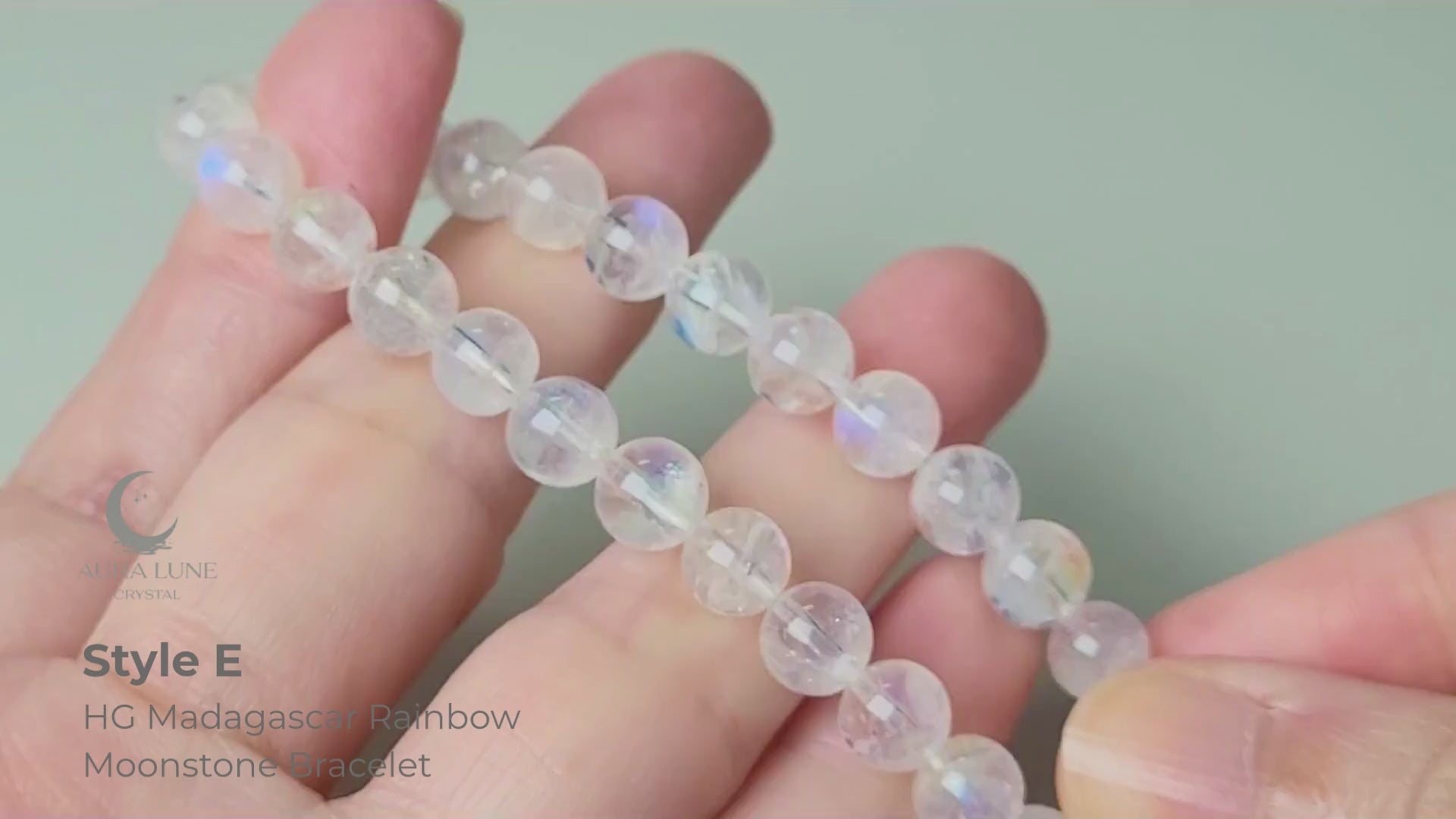 High grade Madagascar rainbow moonstone bracelet with premium 7-8mm polished round beads showing strong blue labradorescence flash