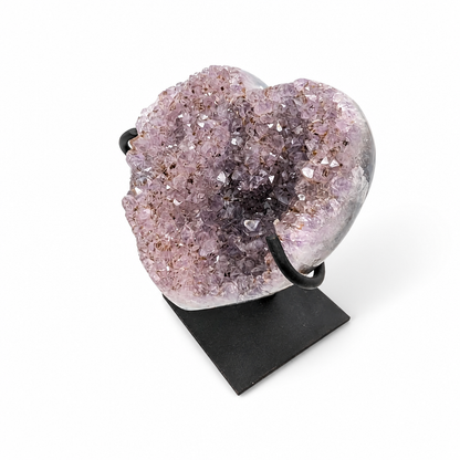 Gradient Amethyst cluster with druzy shimmer displayed on artisan wooden stand