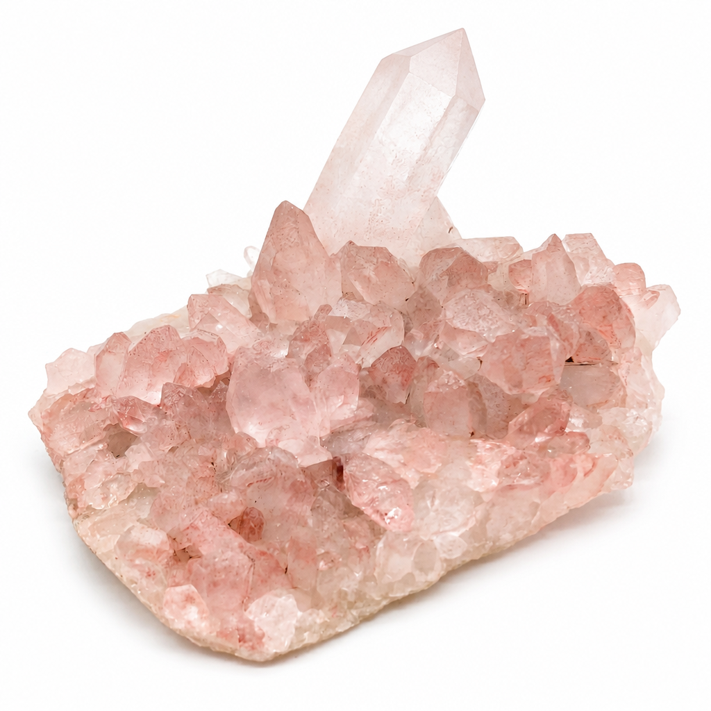 Side view of the compact Pink Samadhi Quartz cluster showing broad stable base