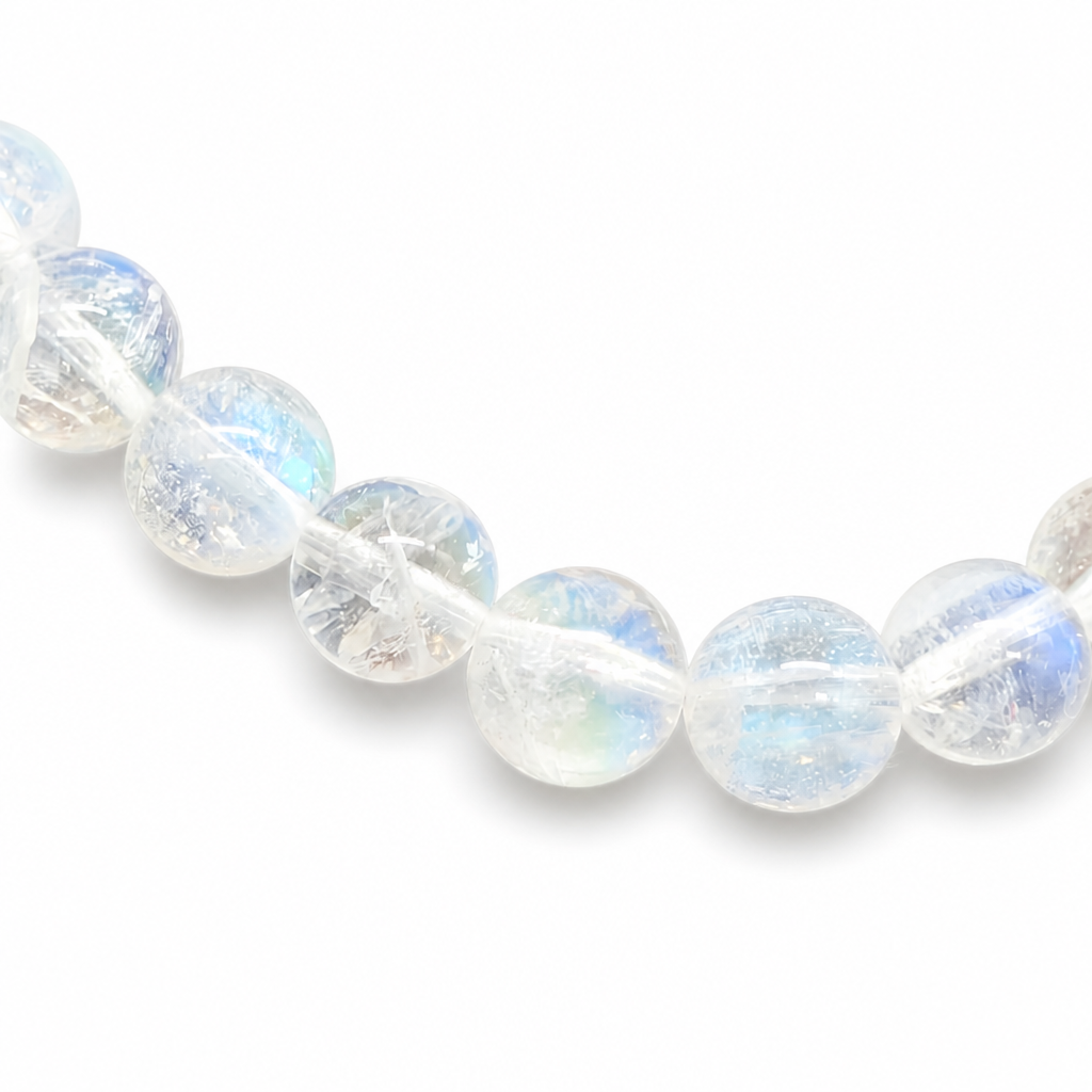 Madagascar Rainbow Moonstone bracelet resting flat showing even translucent bead selection