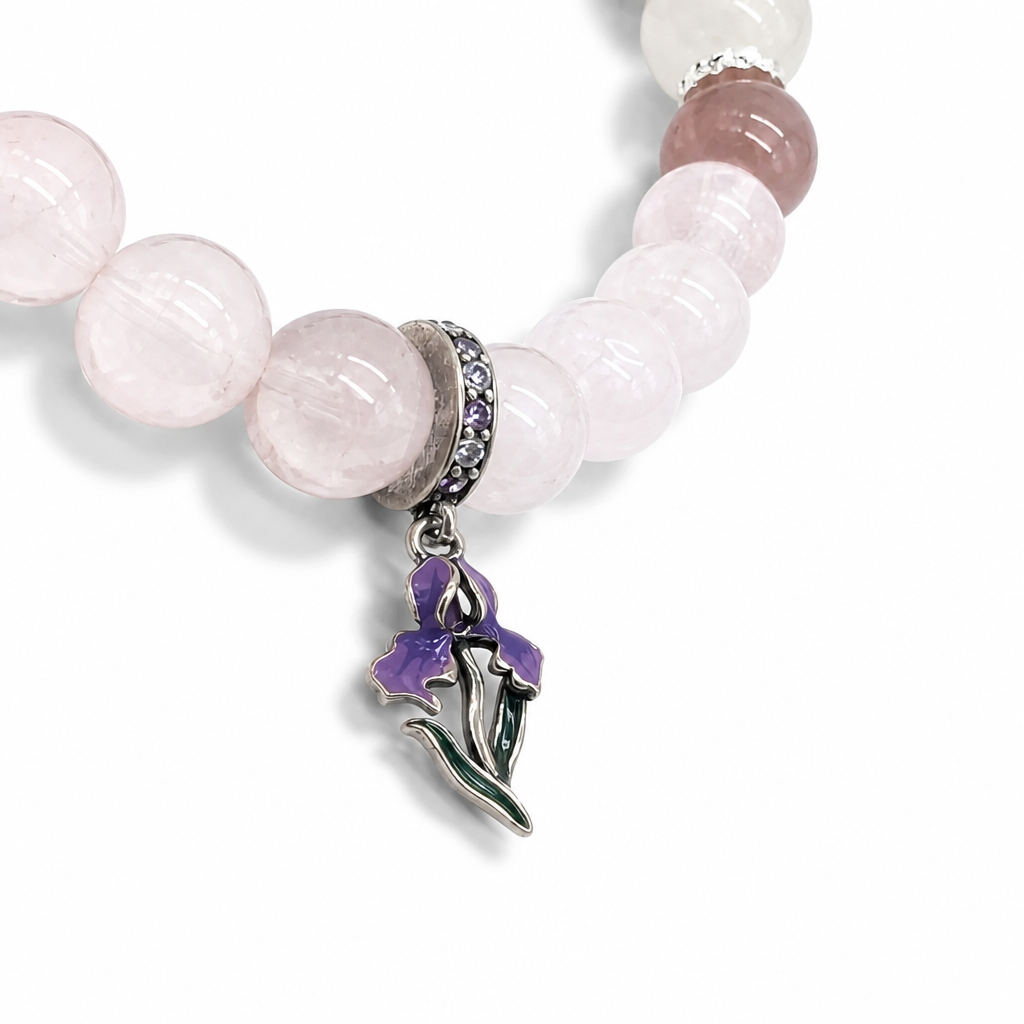 Full bracelet circle of Amethyst Rose Serenity showing violet and blush pink bead arrangement
