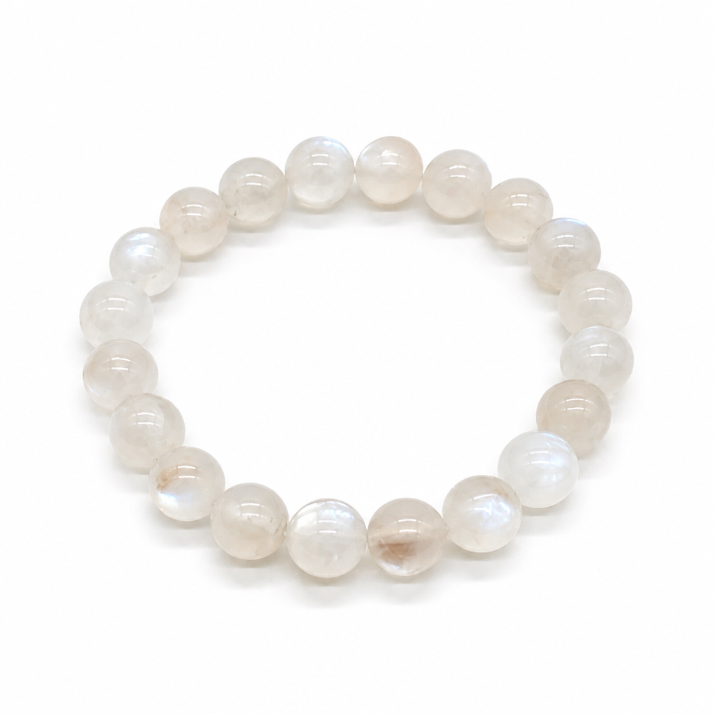 Blue-flash Ceylon moonstone bracelet on a white background