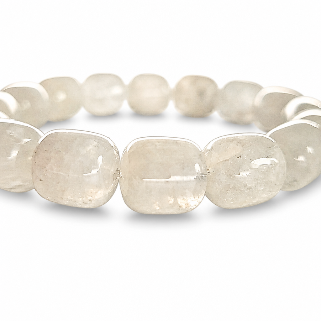 Full bracelet circle of Garden Quartz showing clear quartz with suspended mossy green and iron-red inclusions