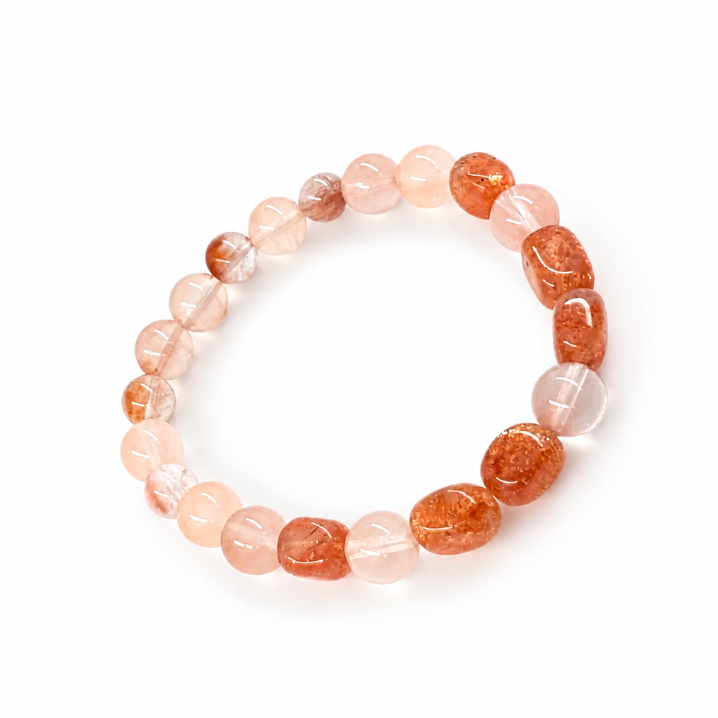 Full bracelet circle showing sunstone and rabbit hair quartz bead pairing