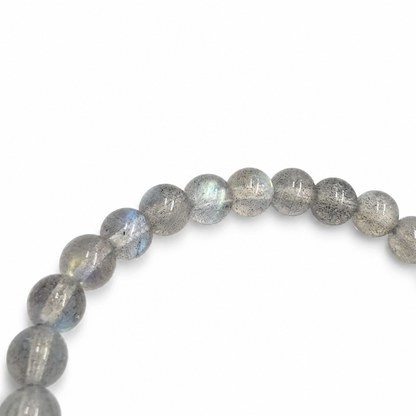 5mm labradorite beads with grey base and blue flash on elastic cord