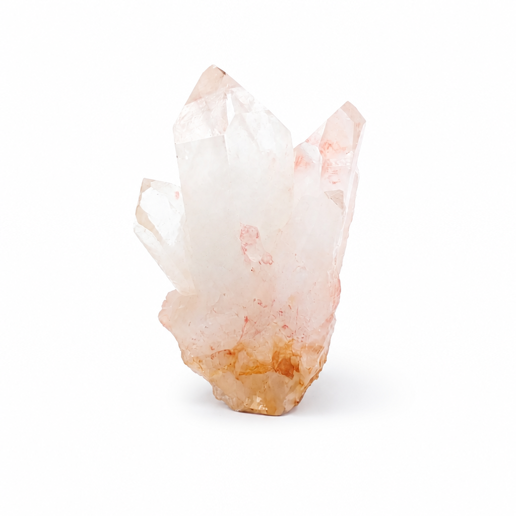 Pink Samadhi Quartz cluster in a meditation space setting