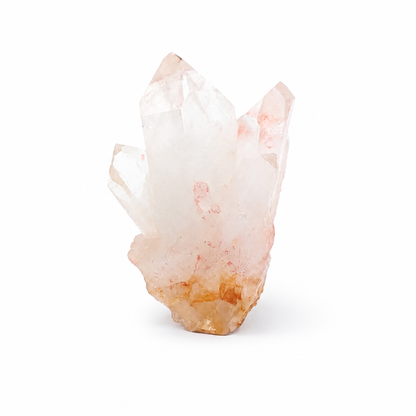 Pink Samadhi Quartz cluster in a meditation space setting