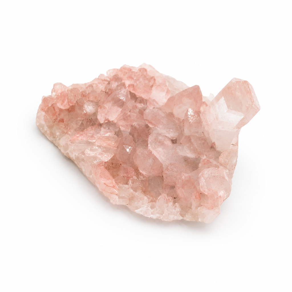 Himalayan Pink Samadhi Quartz compact cluster showing sharp prismatic point terminations