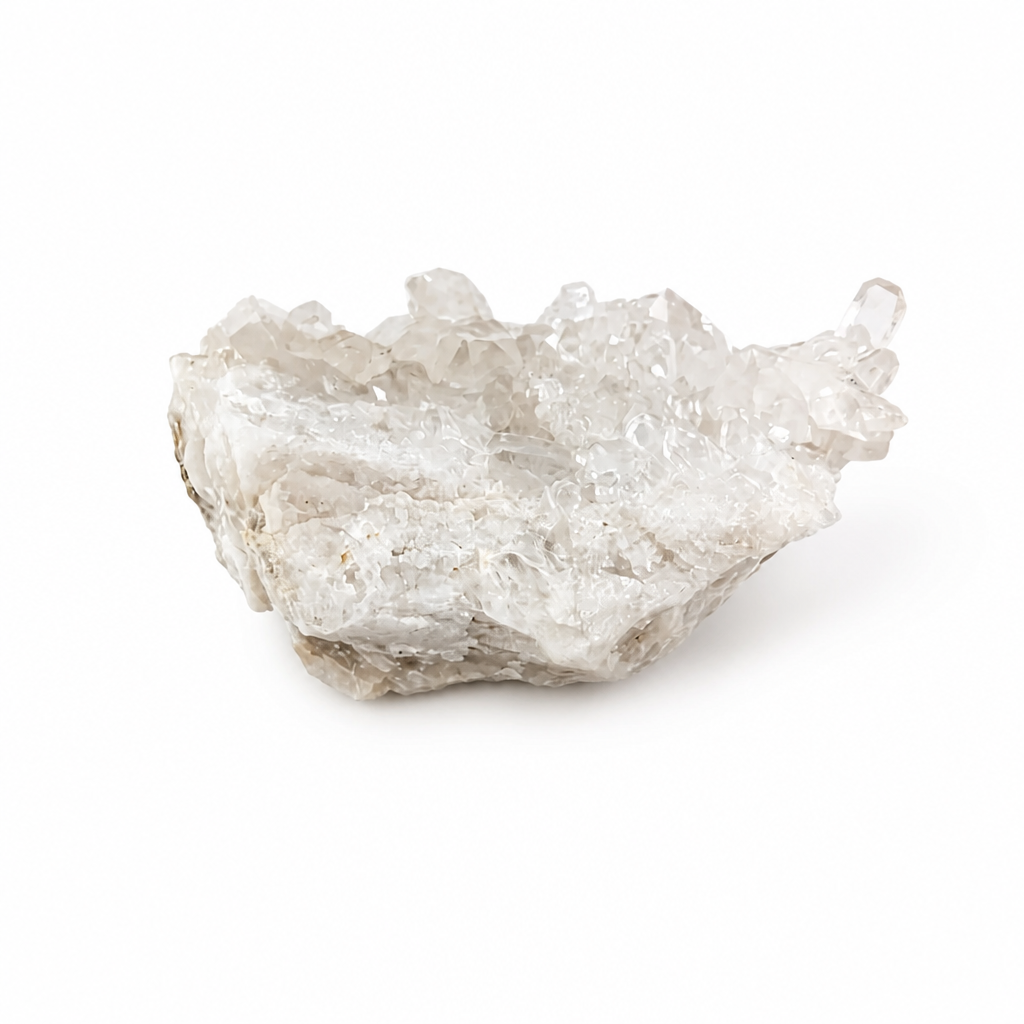 Milky white to water-clear colour transition on a natural quartz cluster specimen