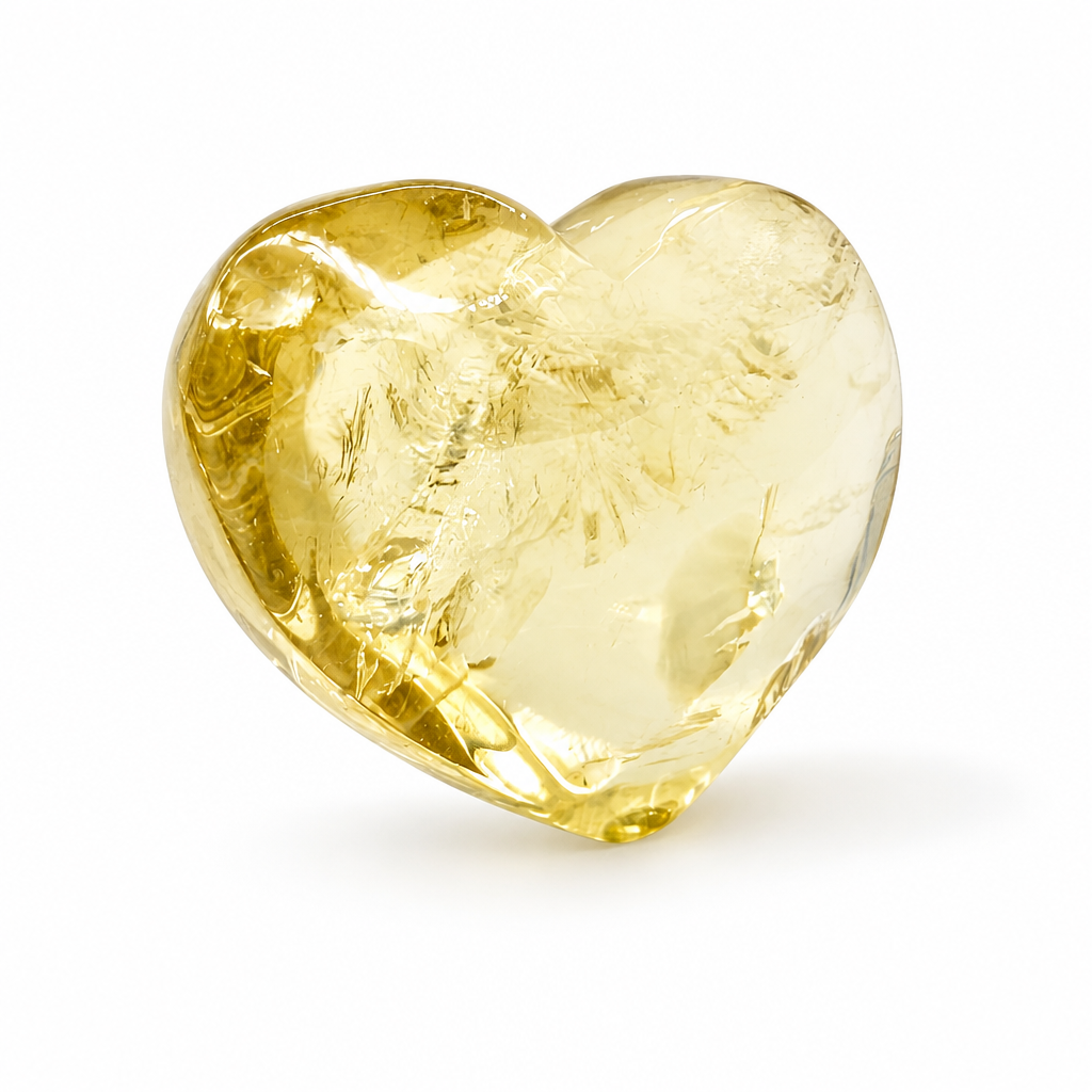 Top view of the gilded citrine heart showing natural prismatic inclusions